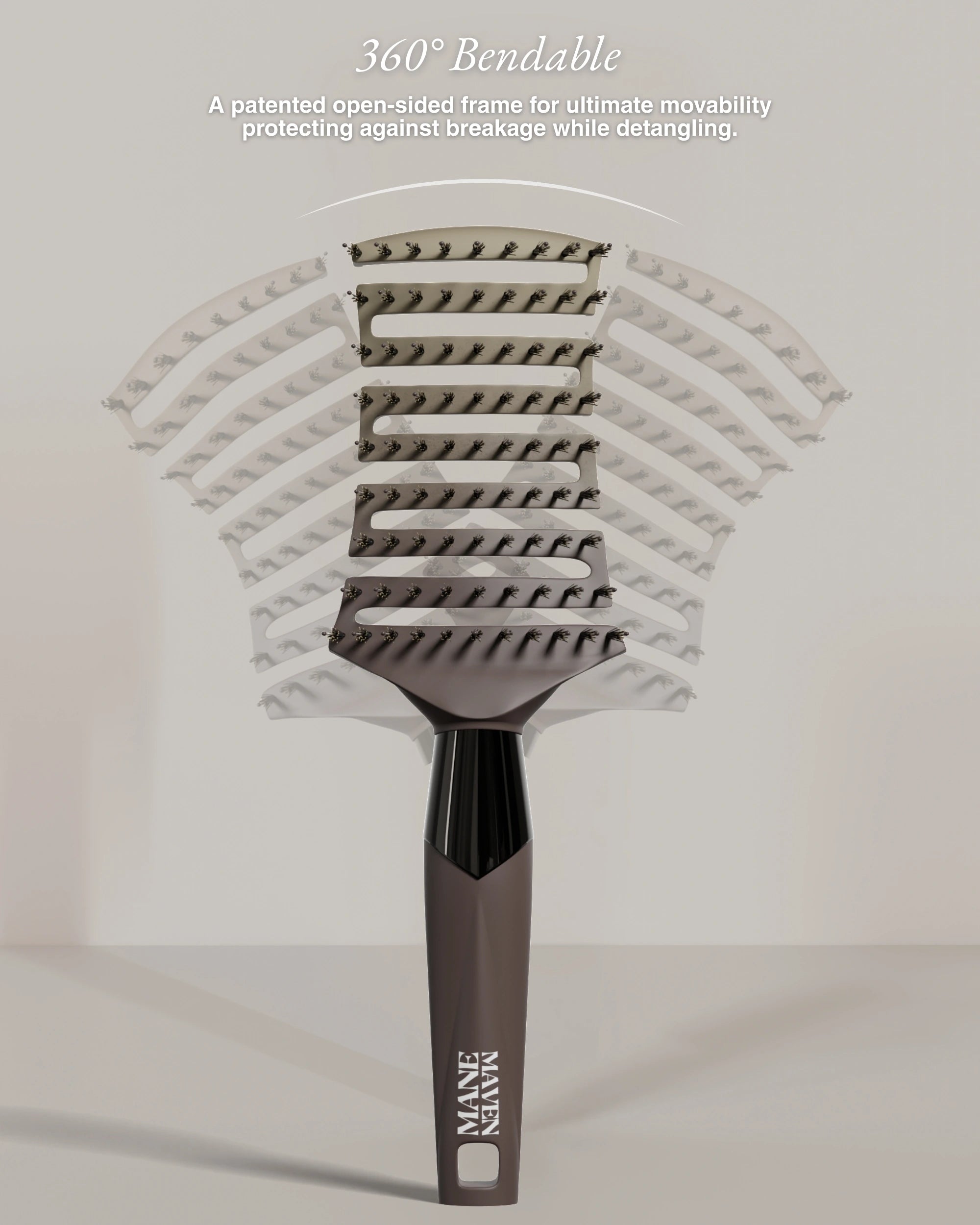 Close-up of professional designed ZIGZAG Brush showing flexible frame for effortless detangling, polishing, smoothing, and hair protection.