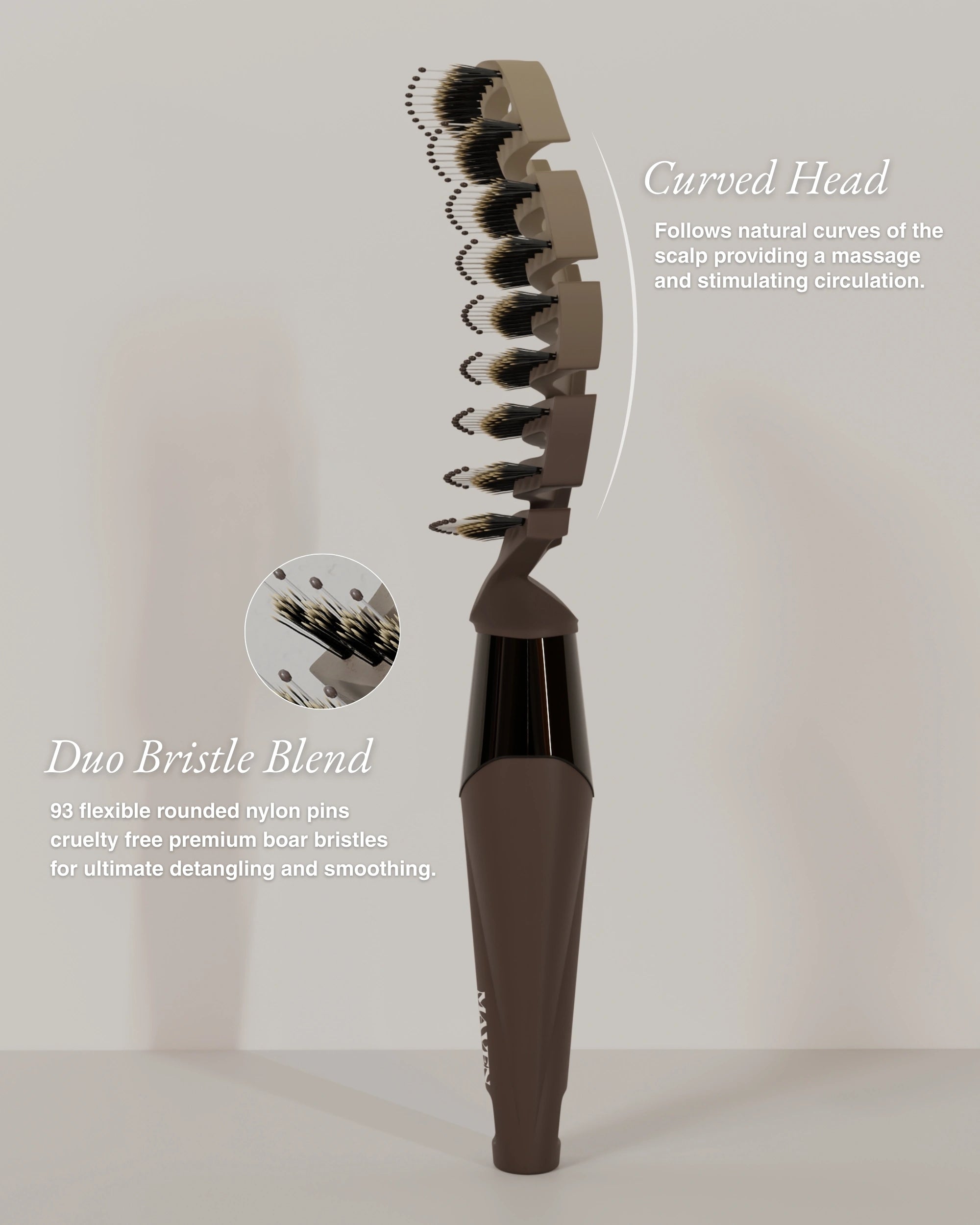 ZIGZAG Brush with curved head for scalp stimulation and blood flow, featuring 93 rounded nylon pins and cruelty-free boar bristle blend.