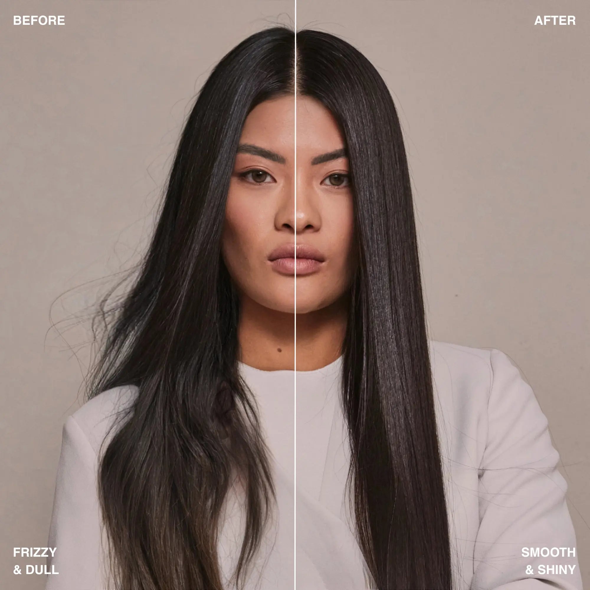 Before and after results with ZIGZAG Travel Hair Brush transforming frizzy, dull hair into smooth and shiny.