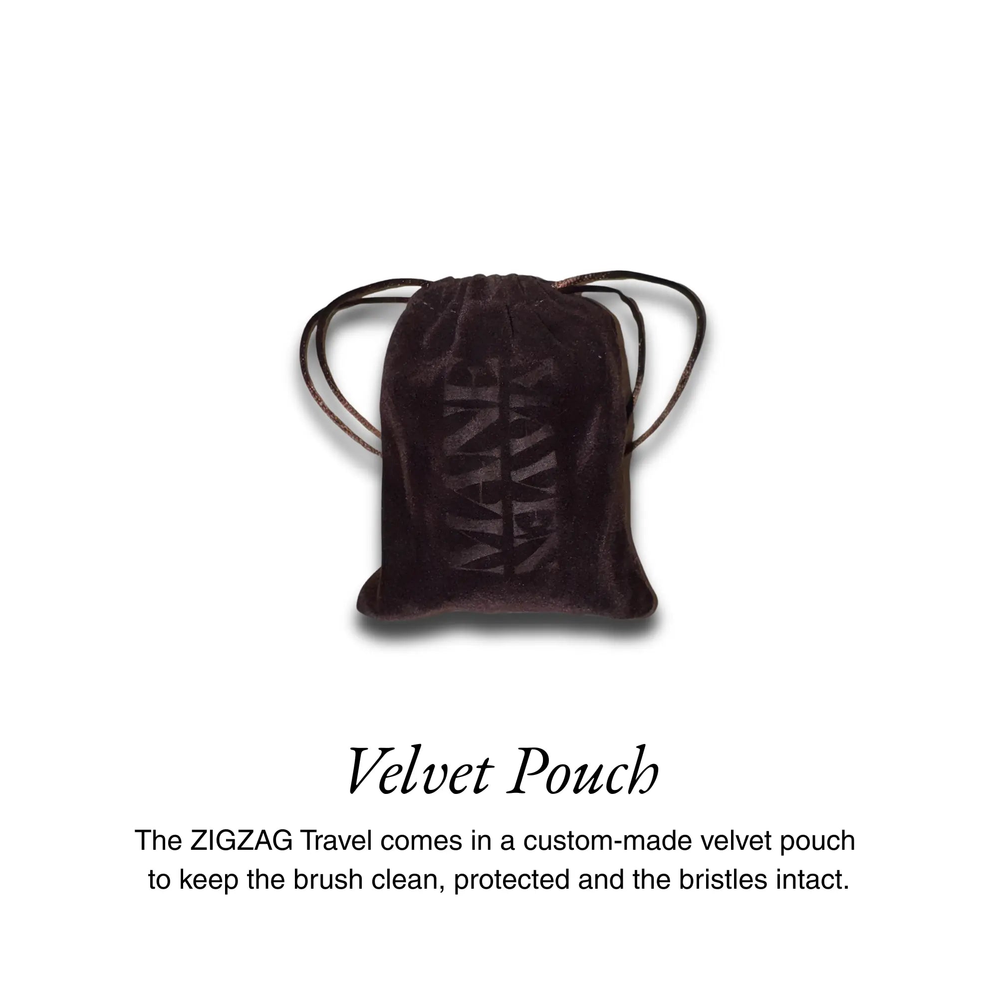 ZIGZAG Travel Hair Brush presented in protective velvet pouch to keep brush and pins safe while traveling.