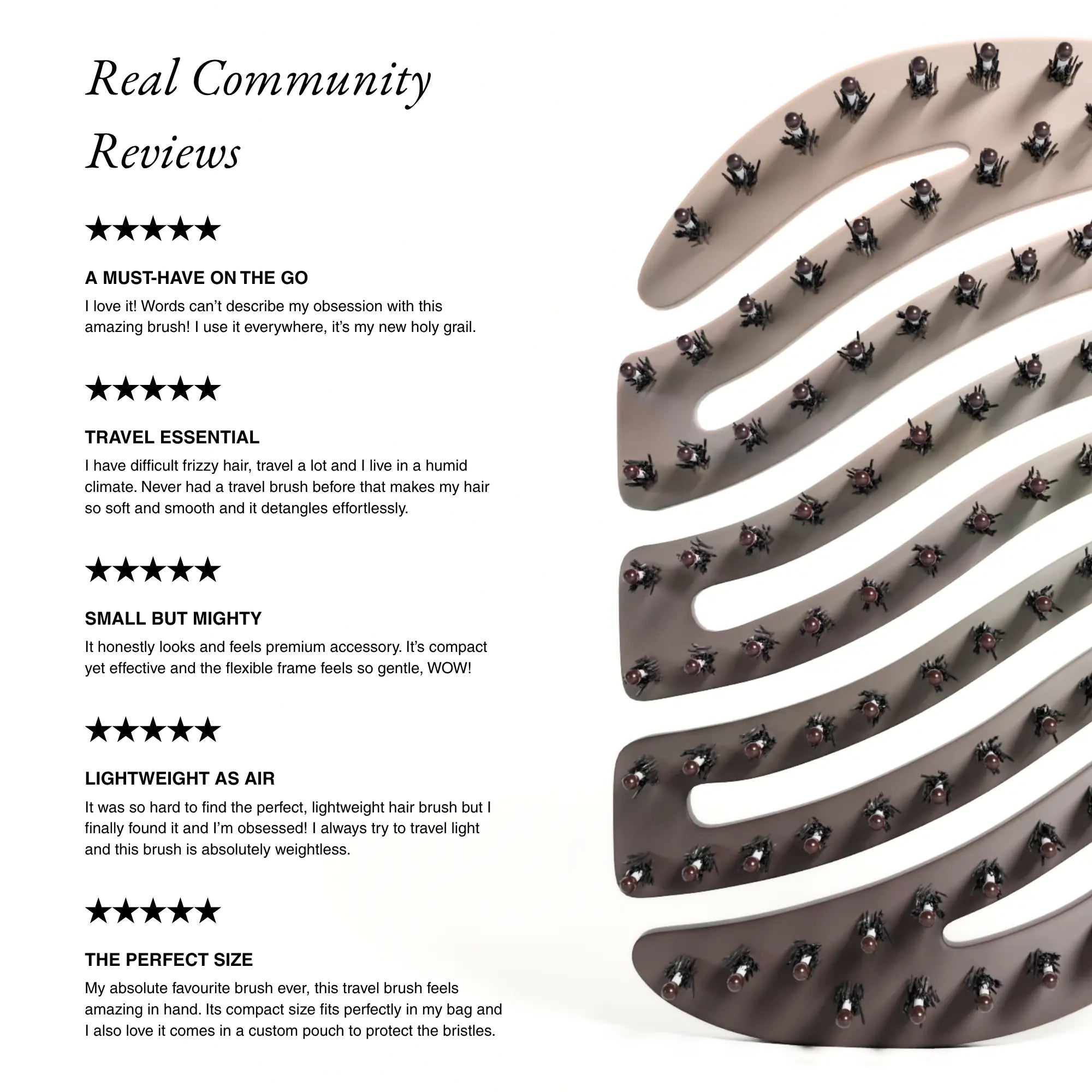 Real customer reviews showing five-star ratings for the ZIGZAG Travel Hair Brush from happy users.