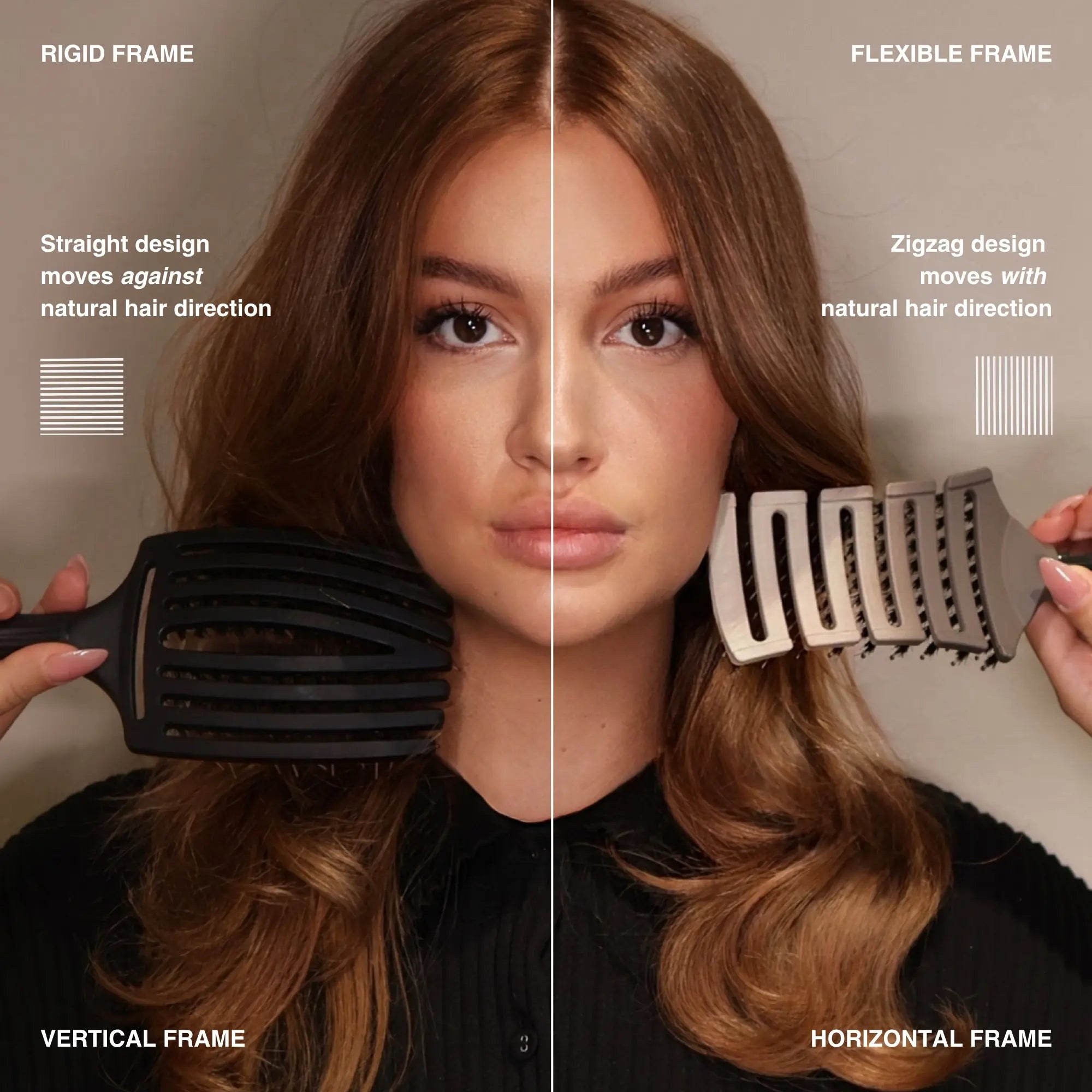 Comparison showing ZIGZAG Brush flexible horizontal frame moving with hair versus rigid open-sided brushes