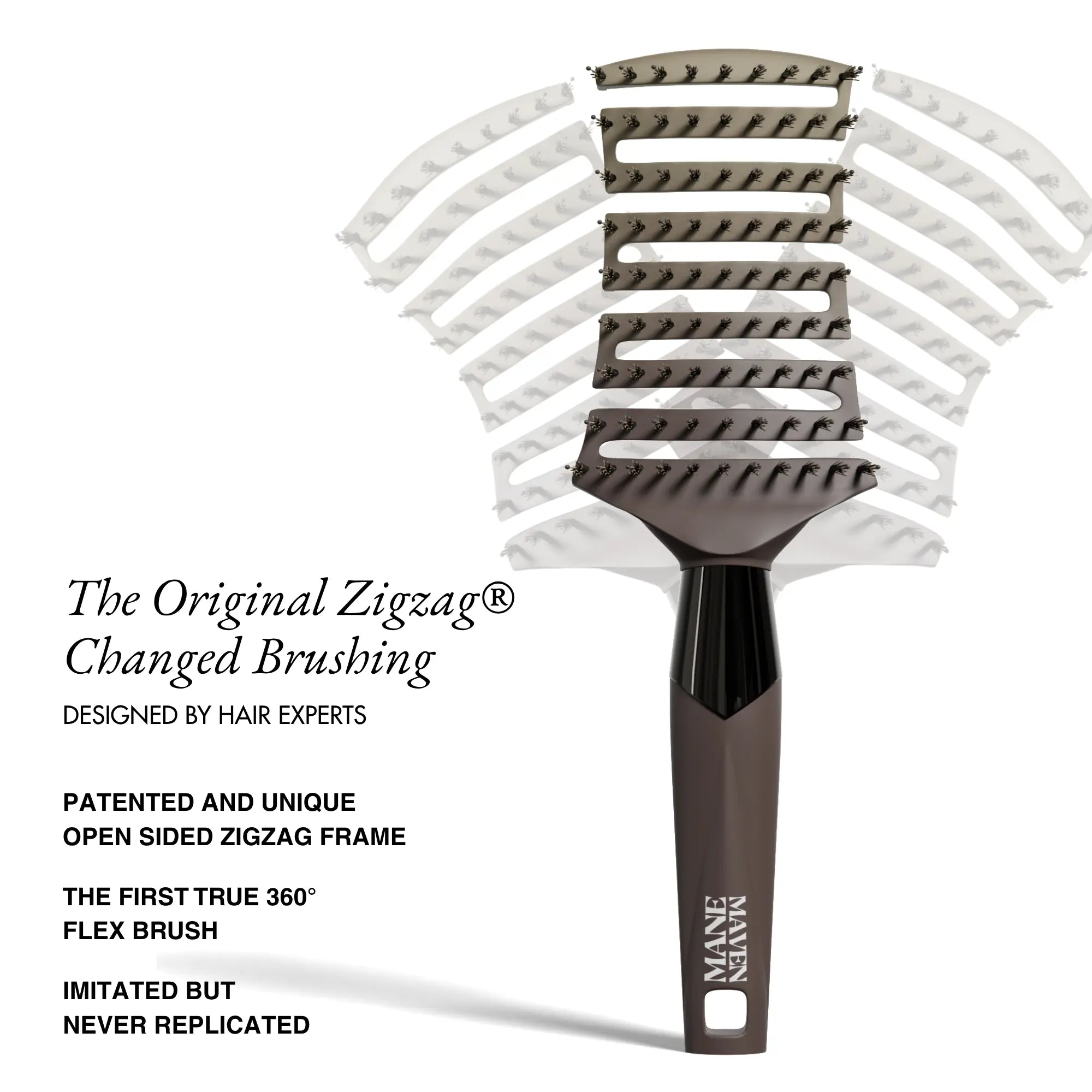 ZIGZAG Brush flexing to show patented ultra-flexible design that protects hair health and prevents breakage.