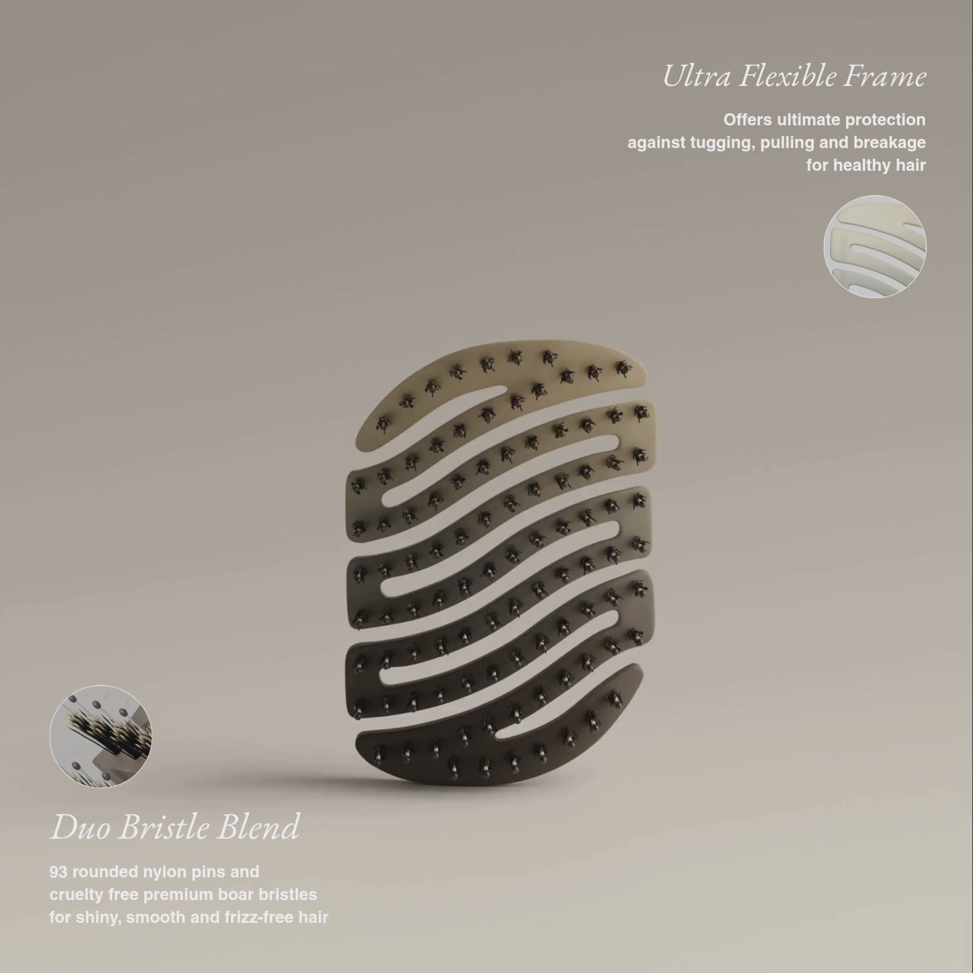 ZIGZAG Travel Hair Brush rotating to reveal ultra-flexible frame and duo bristle blend with combination of nylon pins and boar bristles for no pulling or breakage